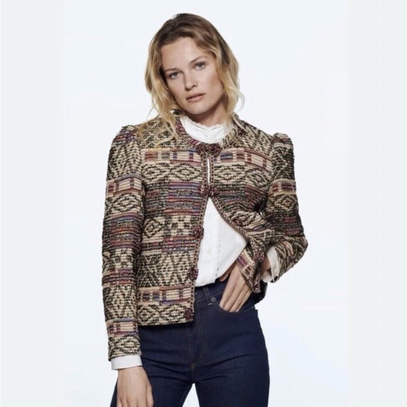 Zara Jackets & Blazers - New Zara Jacquard Jacket Wool Cotton Blend Round Collar Cropped Multicolor XS